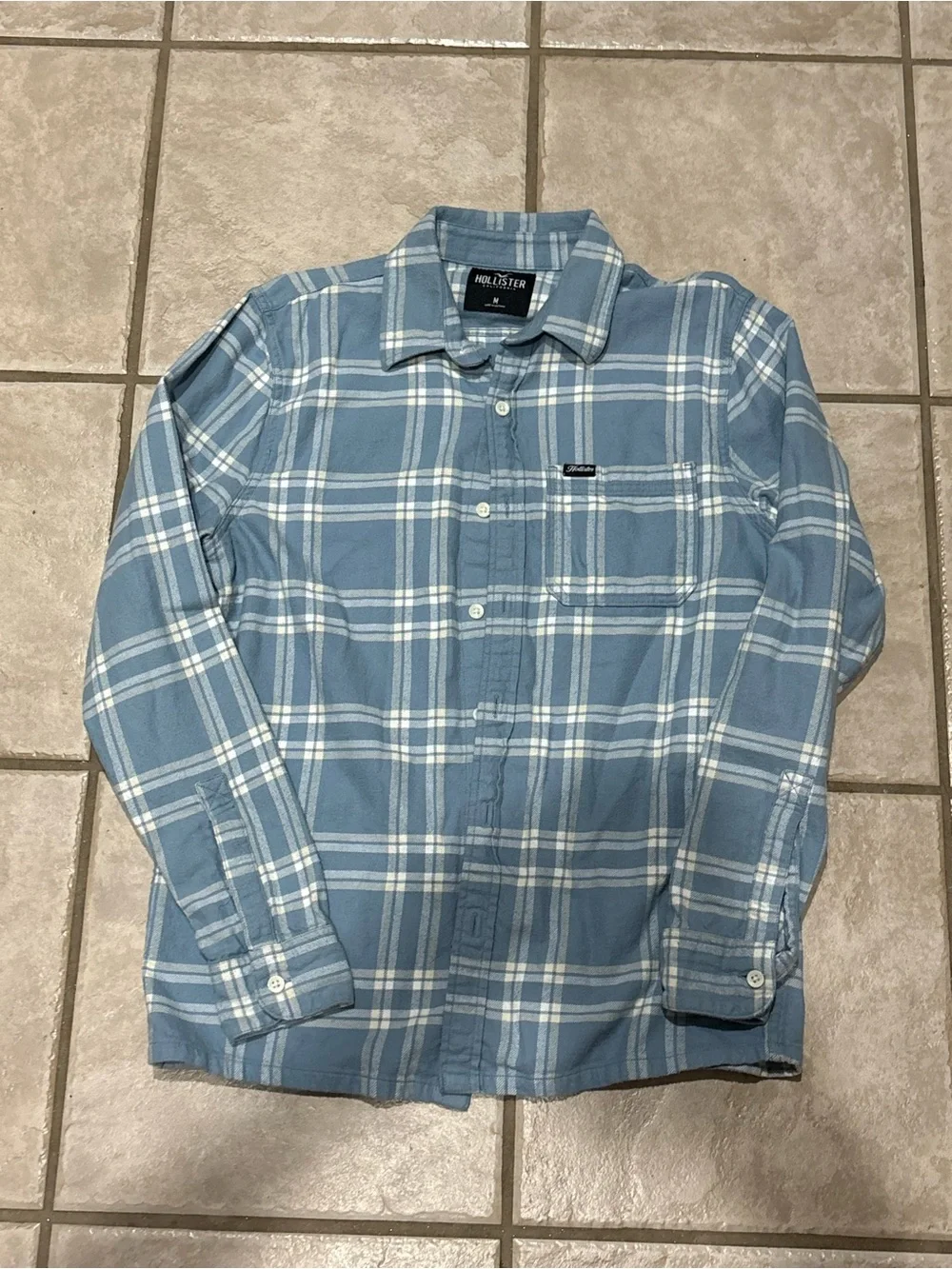Hollister flannel Light Blue and White Plaid Button-Down Shirt medium